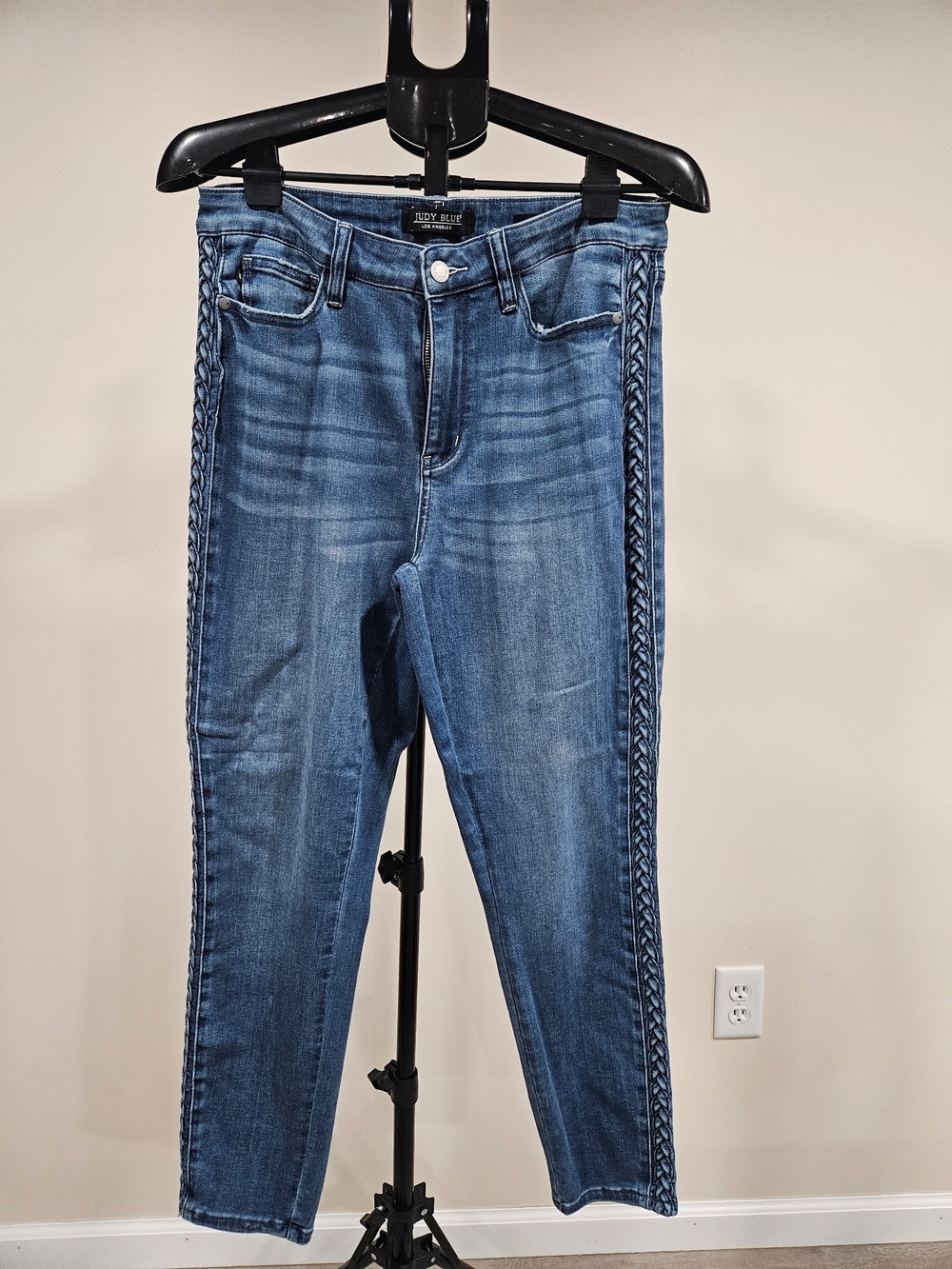 Judy Blue Medium Blue Braided-Trim Ankle Jeans
